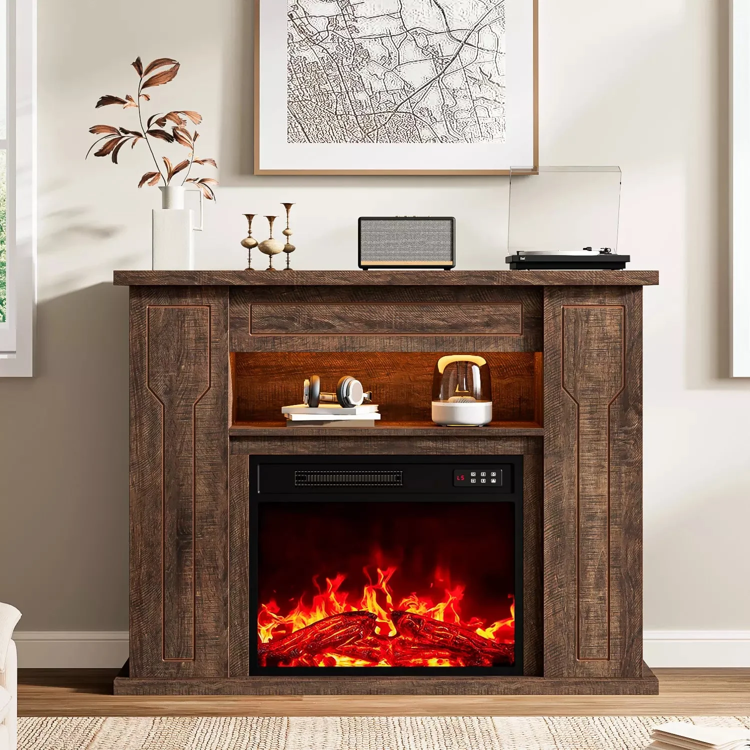 Ofika 43” Electric Fireplace with Mantel, Solid Wood Modern TV Stand with Fireplace Freestanding Entertainment Center with Storage Compartment, 23" Fireplace Insert Heater for Living Room - Image 2