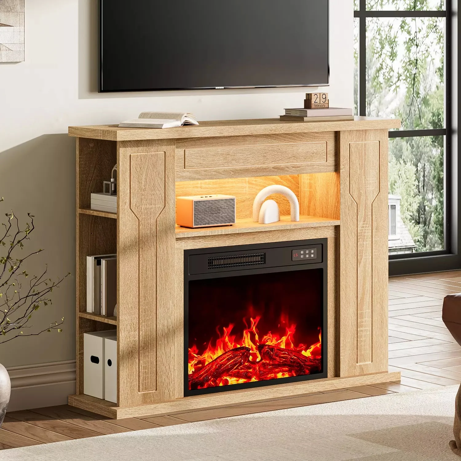 Ofika 43” Electric Fireplace with Mantel, Solid Wood Modern TV Stand with Fireplace Freestanding Entertainment Center with Storage Compartment, 23" Fireplace Insert Heater for Living Room - Image 3