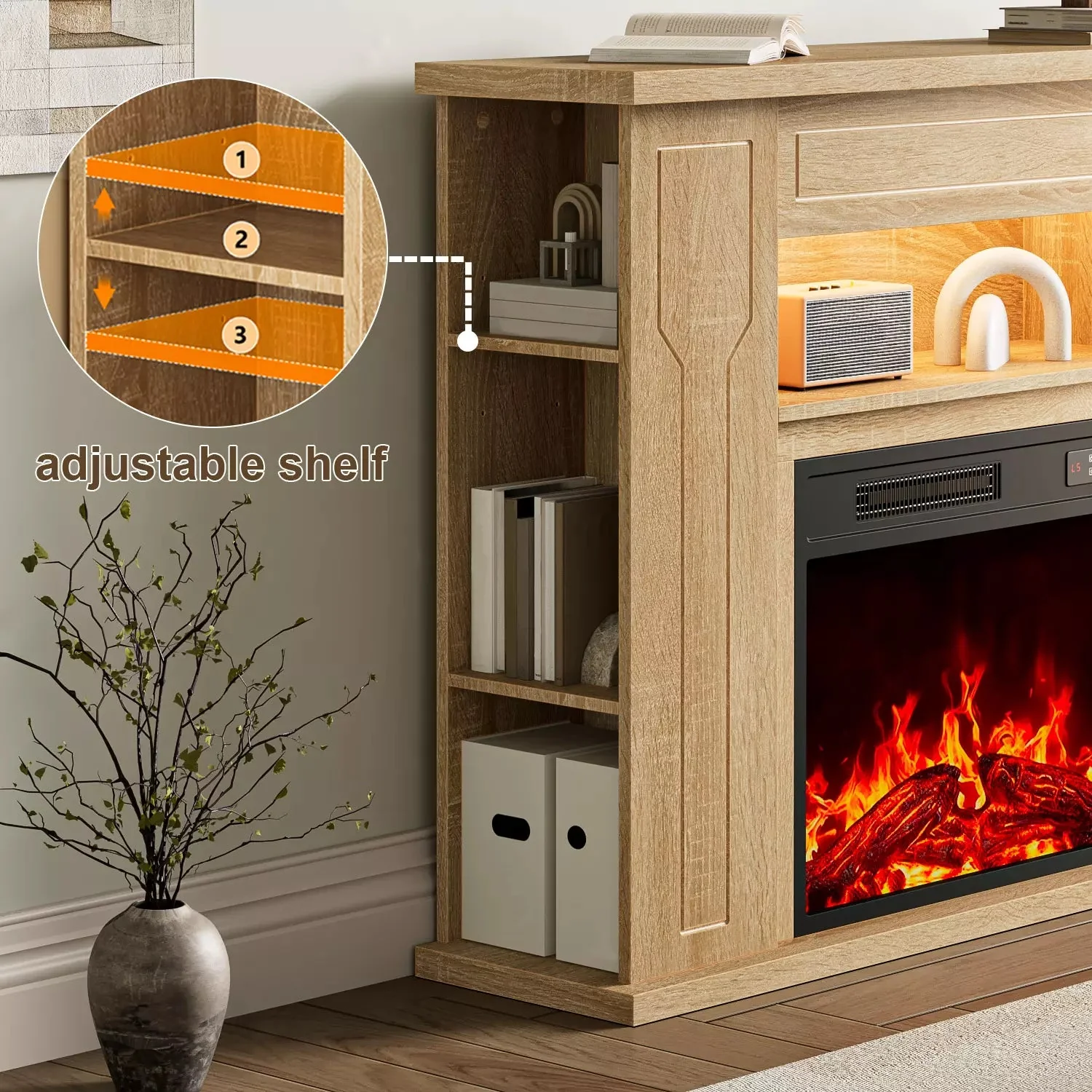 Ofika 43” Electric Fireplace with Mantel, Solid Wood Modern TV Stand with Fireplace Freestanding Entertainment Center with Storage Compartment, 23" Fireplace Insert Heater for Living Room - Image 5