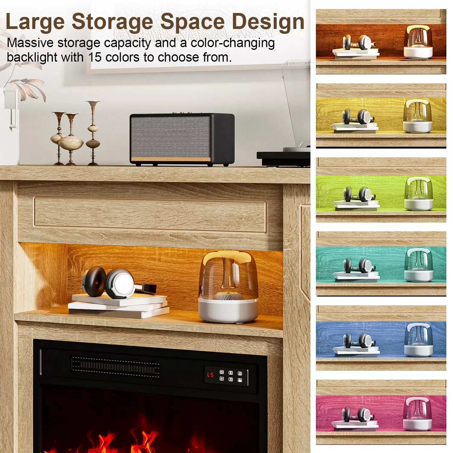 Ofika 43” Electric Fireplace with Mantel, Solid Wood Modern TV Stand with Fireplace Freestanding Entertainment Center with Storage Compartment, 23" Fireplace Insert Heater for Living Room - Image 6
