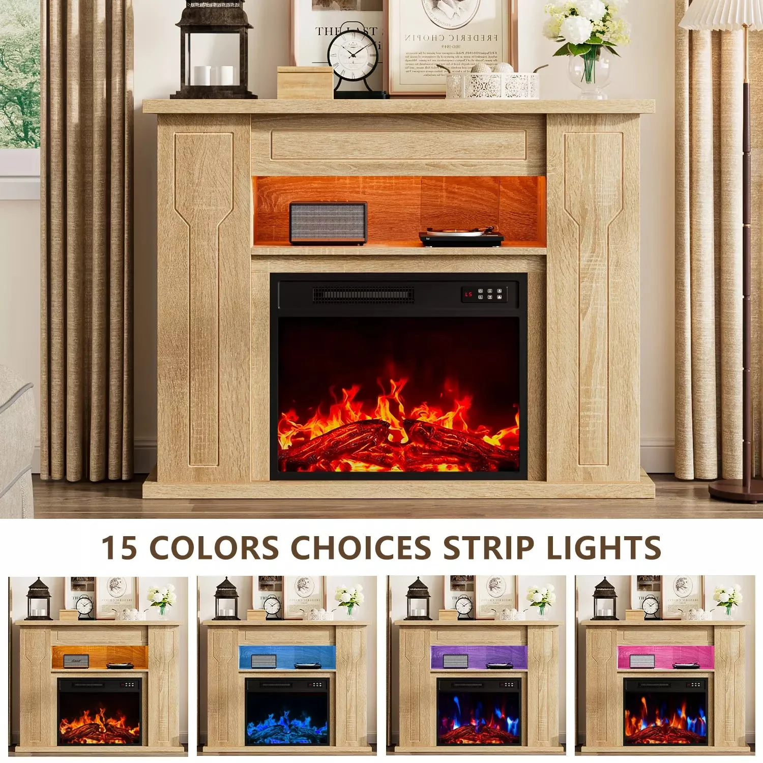 Ofika 43” Electric Fireplace with Mantel, Solid Wood Modern TV Stand with Fireplace Freestanding Entertainment Center with Storage Compartment, 23" Fireplace Insert Heater for Living Room - Image 7
