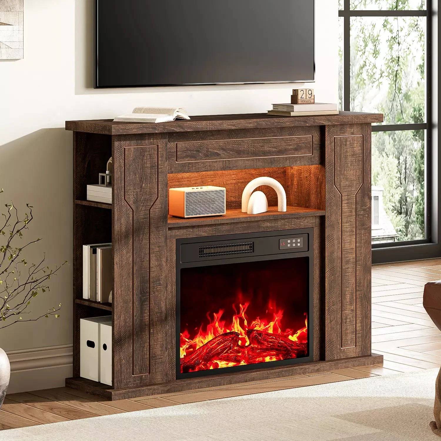 Ofika 43” Electric Fireplace with Mantel, Solid Wood Modern TV Stand with Fireplace Freestanding Entertainment Center with Storage Compartment, 23" Fireplace Insert Heater for Living Room - Image 9