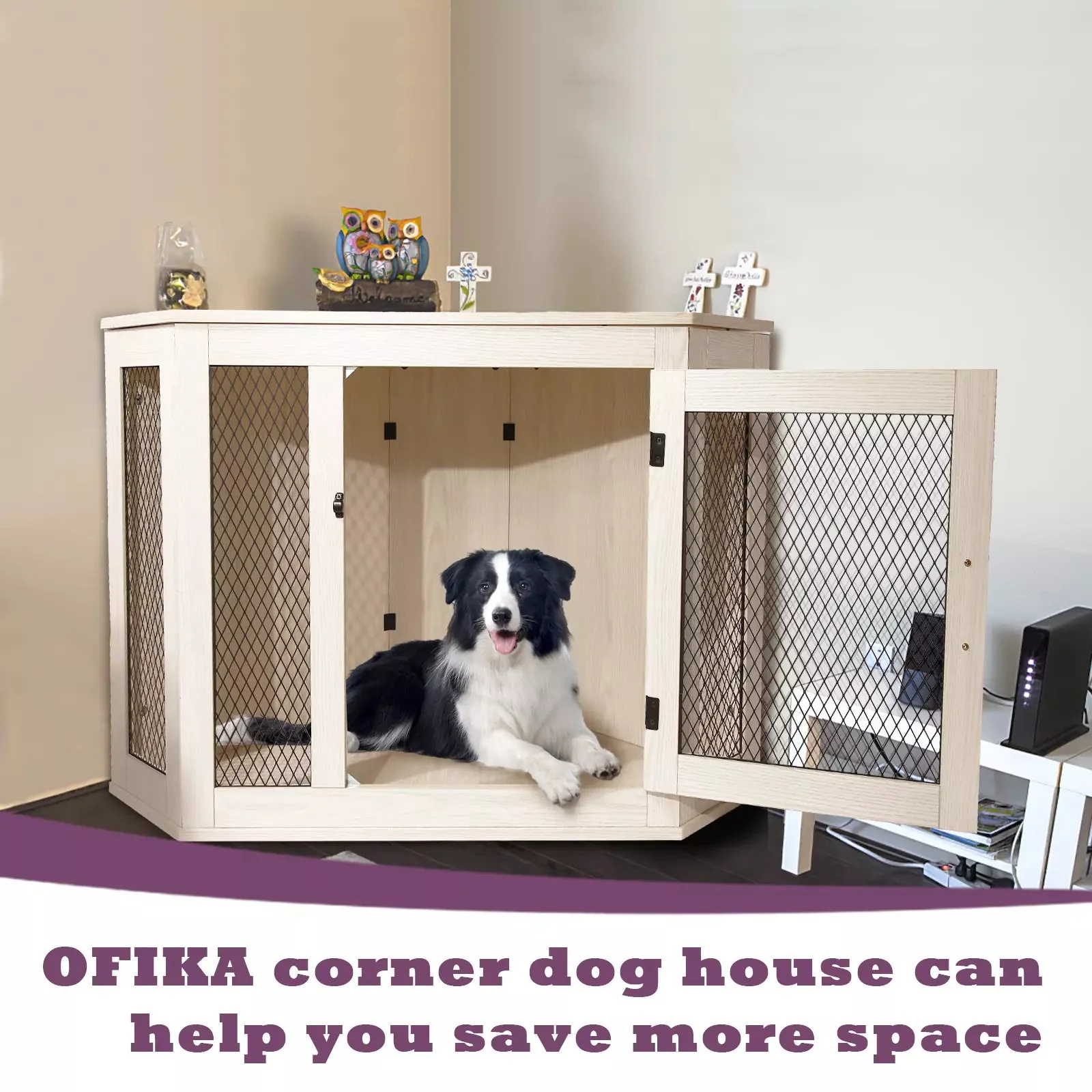 OFIKA Corner Dog Crate Furniture with Metal Mesh DH02 - Image 9