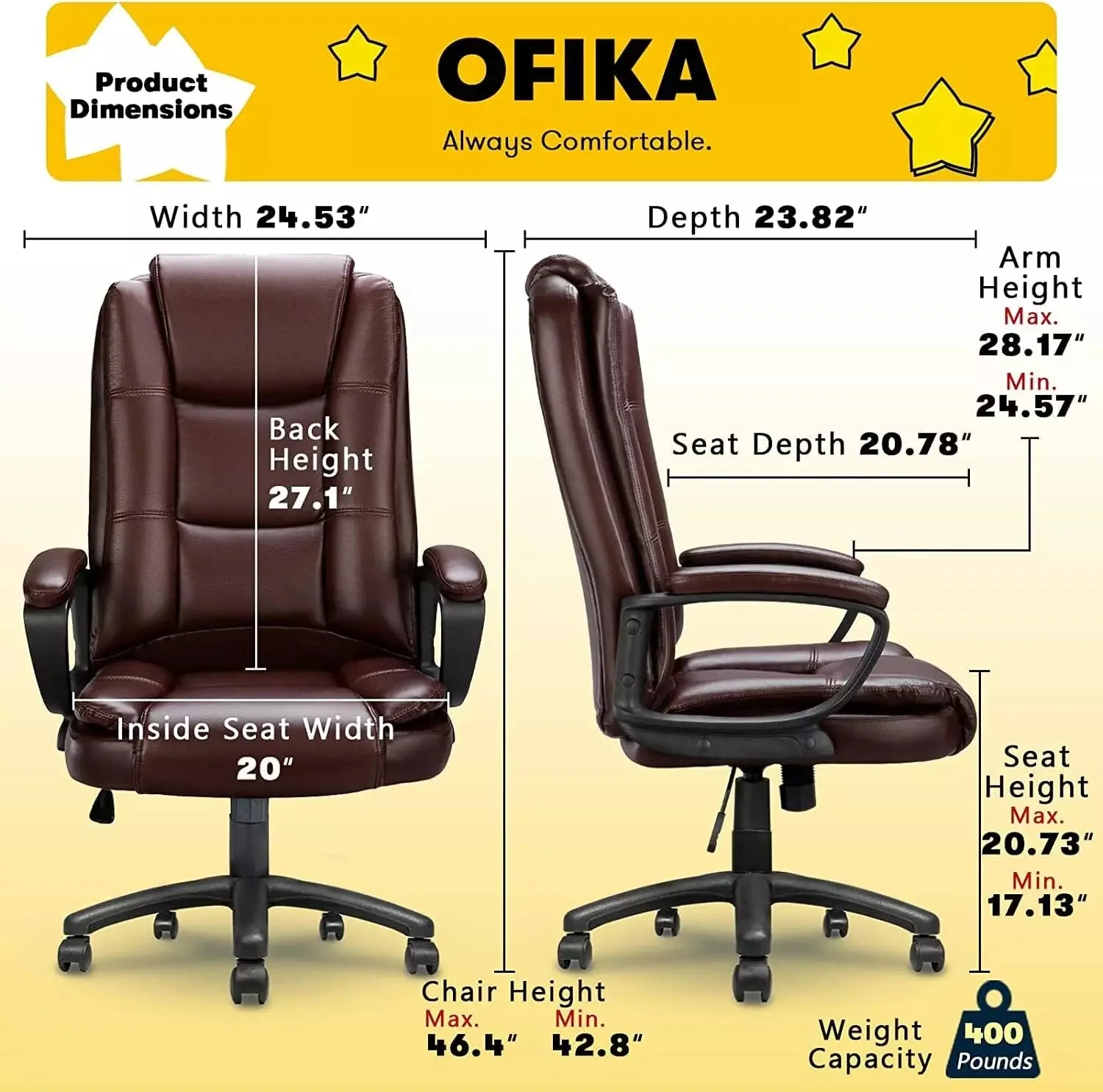 OFIKA High Back Heavy Duty Executive Leather Office Chair, 400LBS 8Hours, OFC01 - Image 15