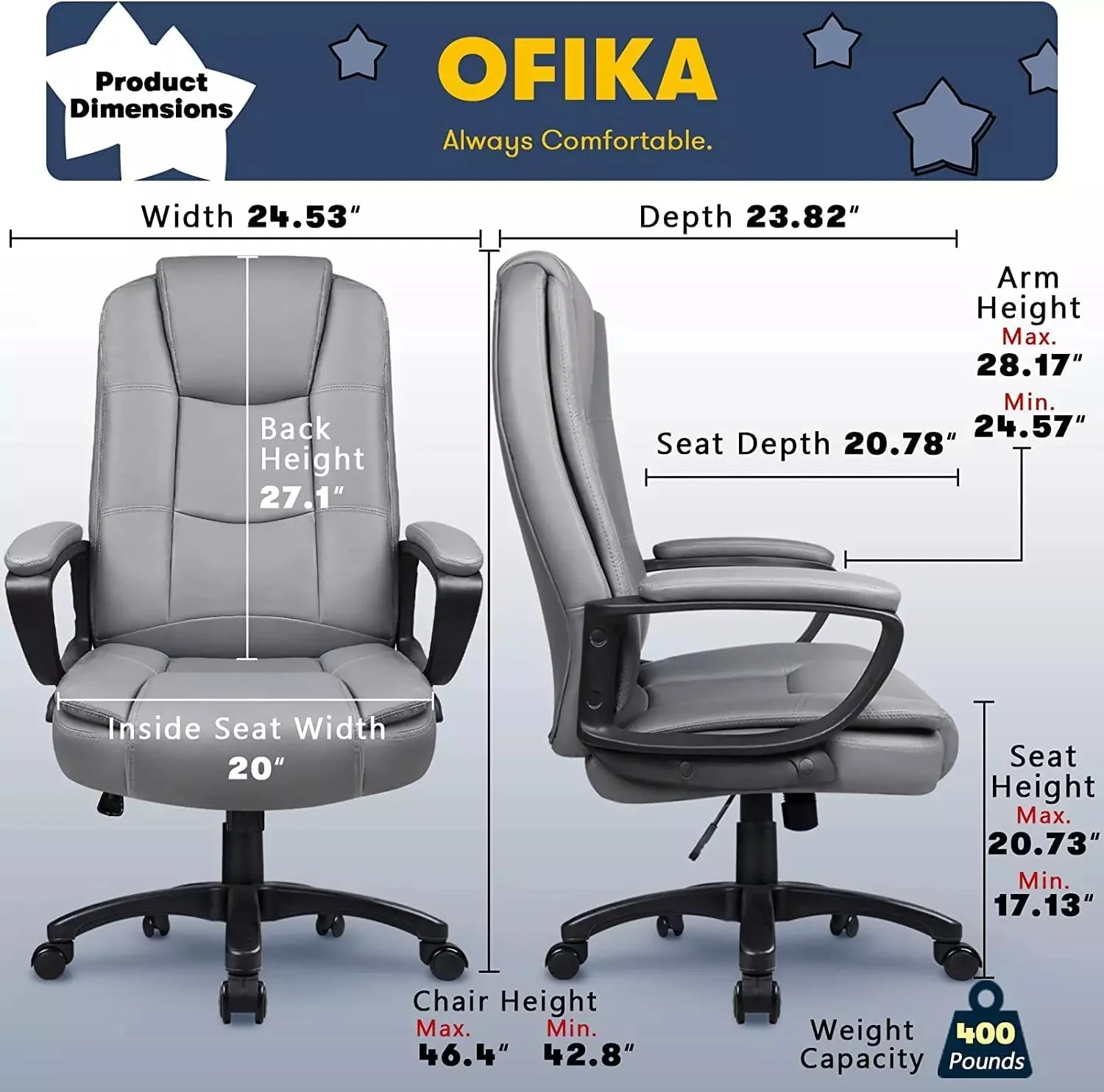 OFIKA High Back Heavy Duty Executive Leather Office Chair, 400LBS 8Hours, OFC01 - Image 32
