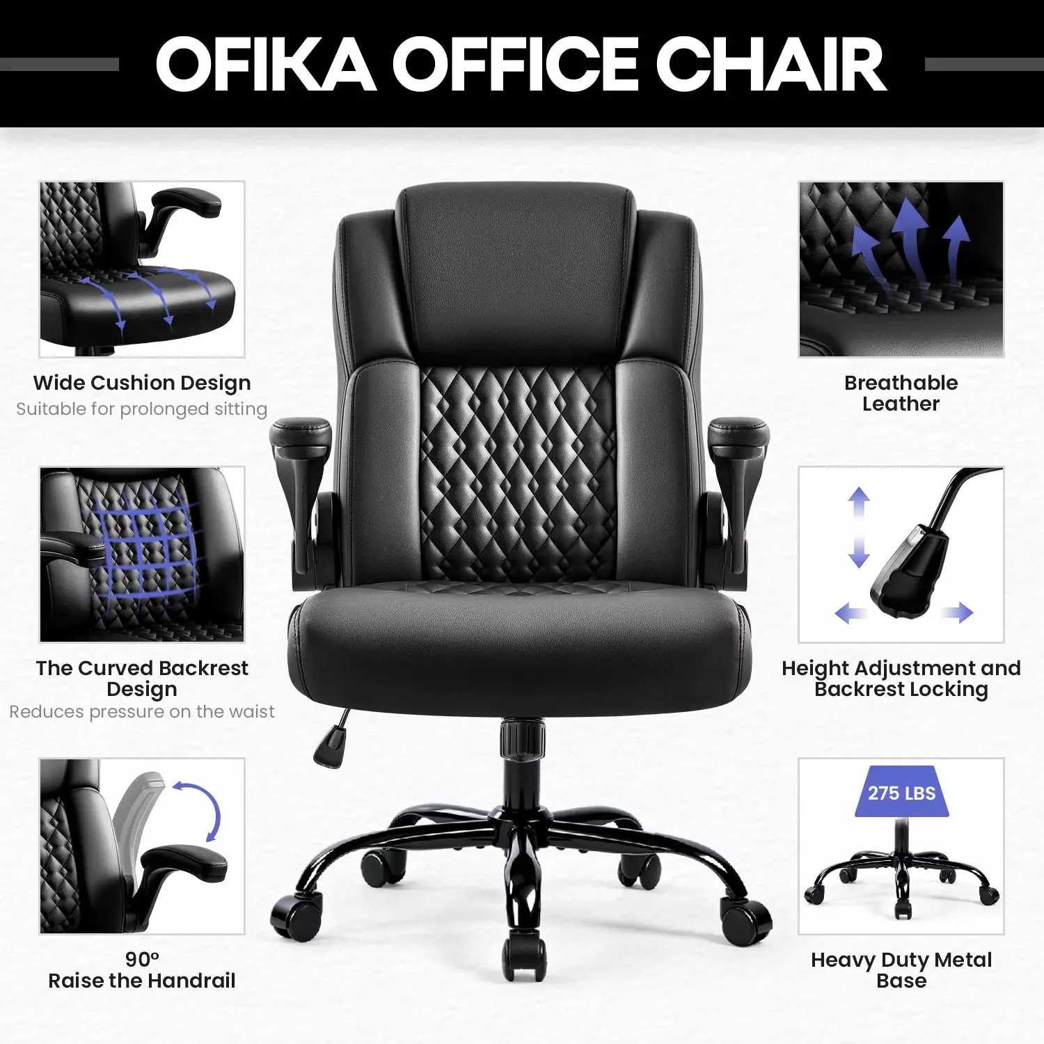 OFIKA Leather Office Desk Chair,Ergonomic Office Chair with Lumbar Support,Computer Chair,Executive Leather Chair with Padded Flip-up Arm,Adjustable Armrests, Black - Image 4