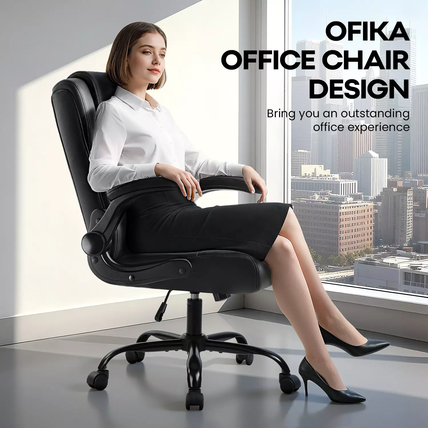 OFIKA Leather Office Desk Chair,Ergonomic Office Chair with Lumbar Support,Computer Chair,Executive Leather Chair with Padded Flip-up Arm,Adjustable Armrests, Black - Image 5