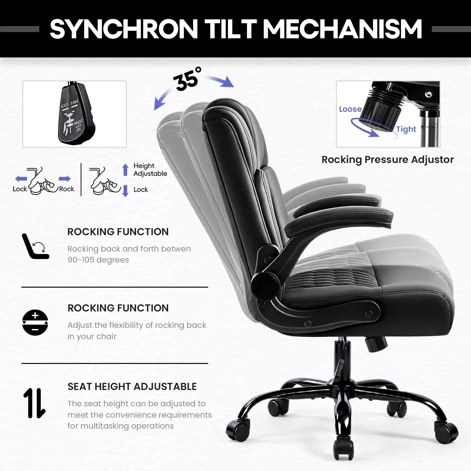 OFIKA Leather Office Desk Chair,Ergonomic Office Chair with Lumbar Support,Computer Chair,Executive Leather Chair with Padded Flip-up Arm,Adjustable Armrests, Black - Image 6