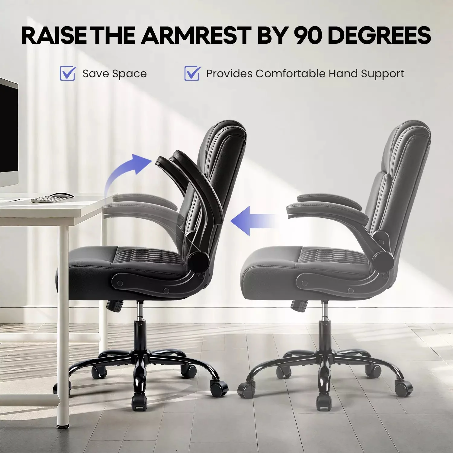 OFIKA Leather Office Desk Chair,Ergonomic Office Chair with Lumbar Support,Computer Chair,Executive Leather Chair with Padded Flip-up Arm,Adjustable Armrests, Black - Image 7