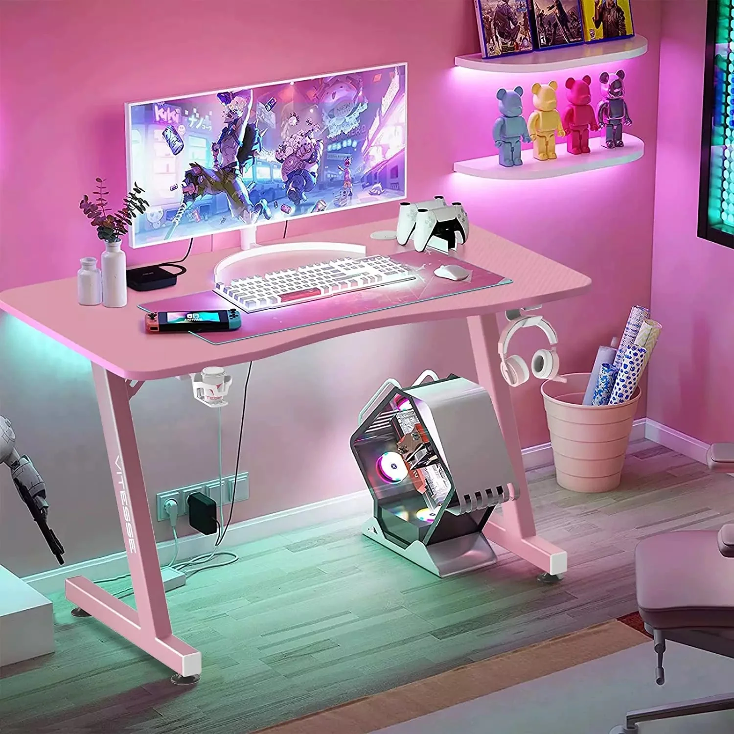 VITESSE 40" Z-Shaped Pink Gaming Desk, Cute Kawaii Gaming Table for Girls ZD02 - Image 3