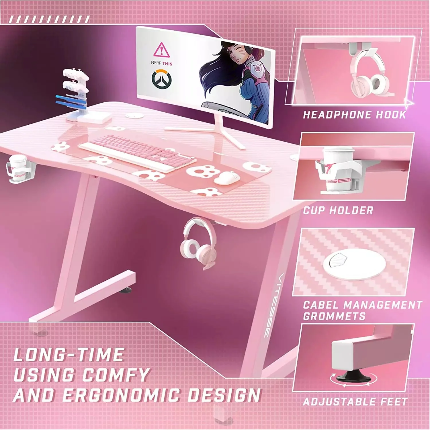 VITESSE 40" Z-Shaped Pink Gaming Desk, Cute Kawaii Gaming Table for Girls ZD02 - Image 4