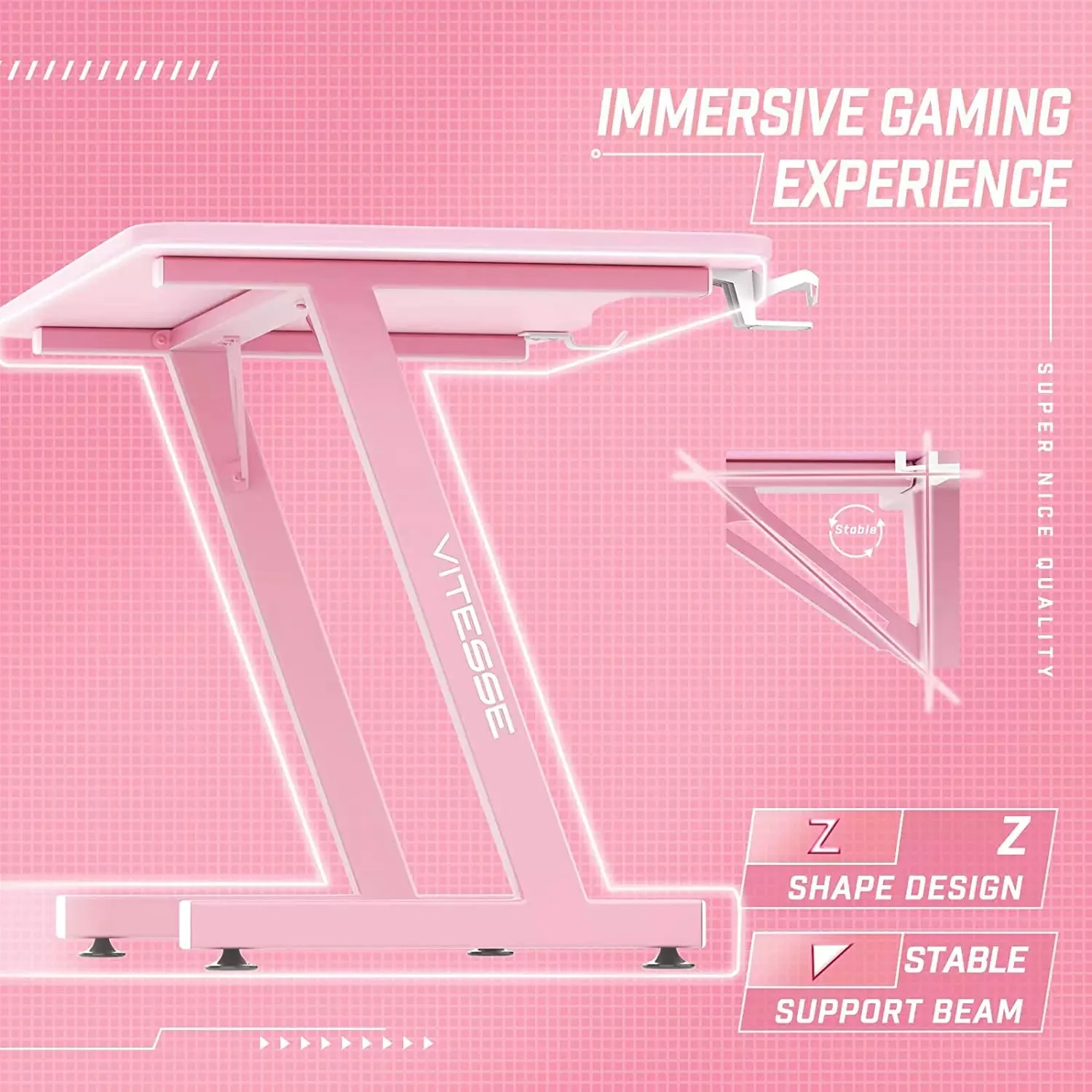 VITESSE 40" Z-Shaped Pink Gaming Desk, Cute Kawaii Gaming Table for Girls ZD02 - Image 6