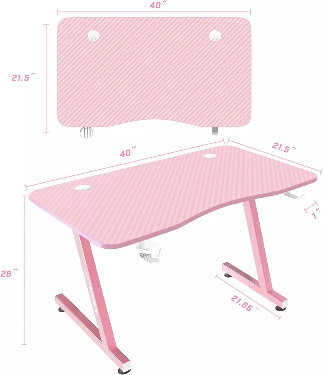 VITESSE 40" Z-Shaped Pink Gaming Desk, Cute Kawaii Gaming Table for Girls ZD02 - Image 7