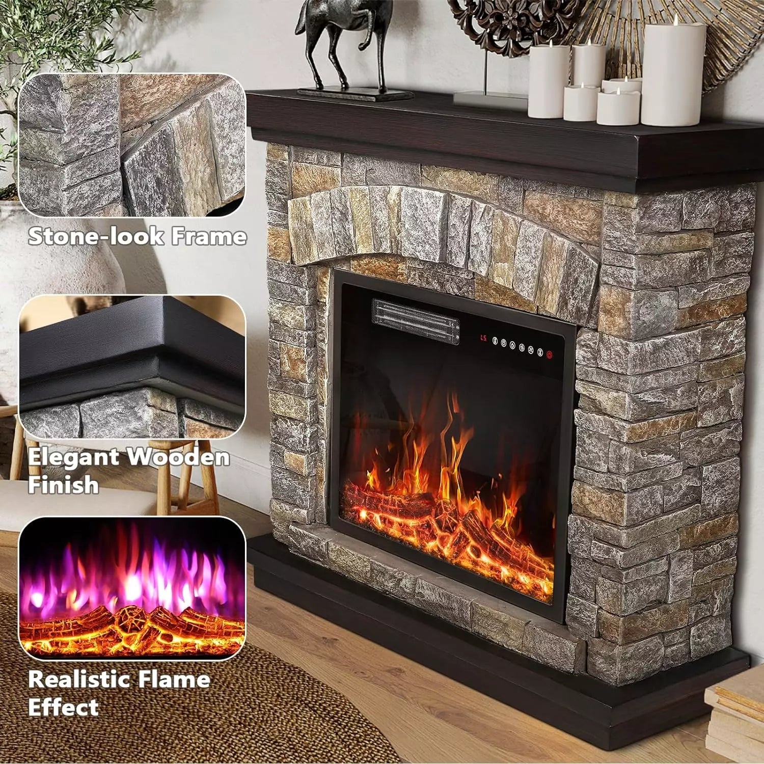 WALEAF 36 inch Freestanding Stone Fireplace Heater TV Stand with Remote Control - Image 5
