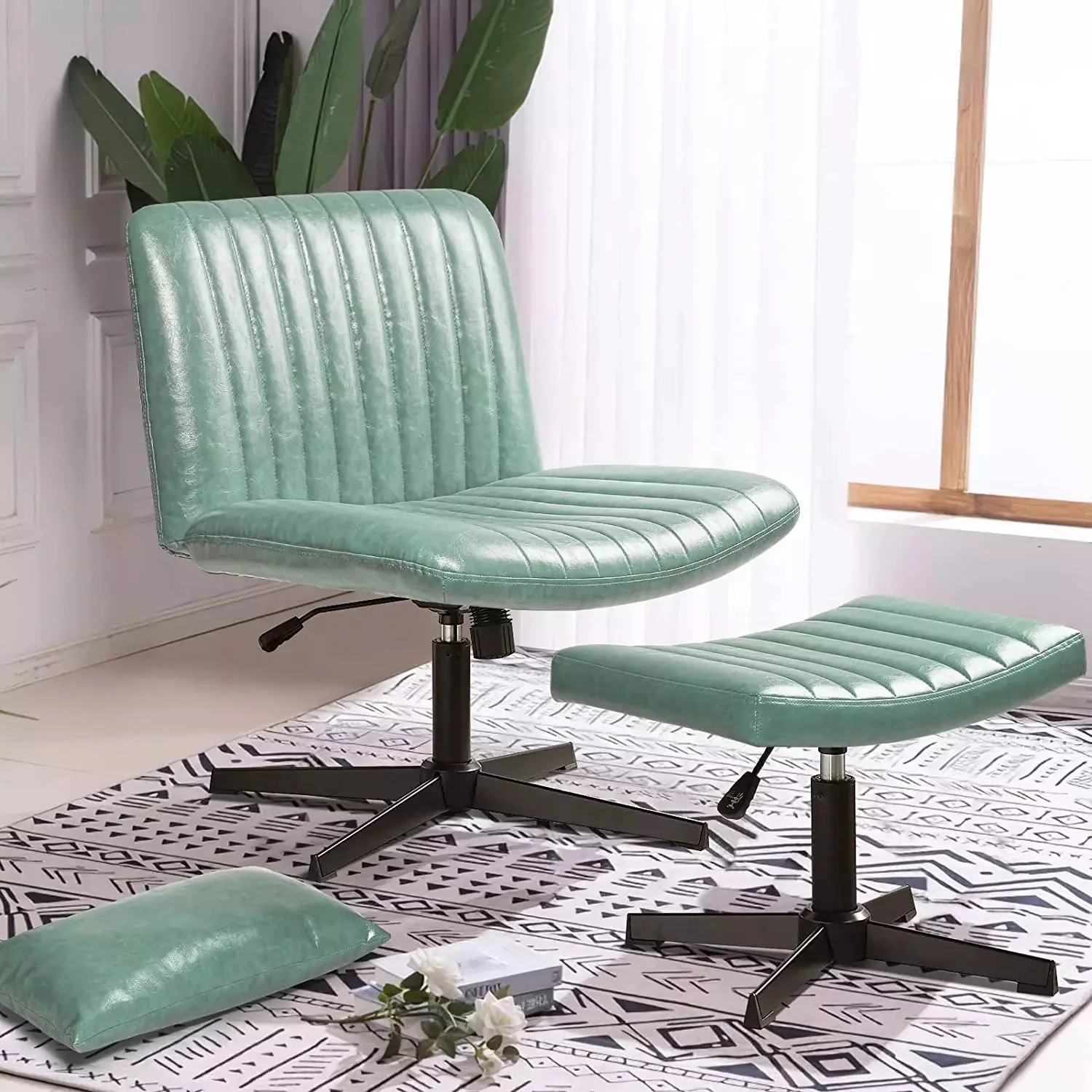 PUKAMI Armless Desk Chair No Wheels with Ottoman&Lumbar Support - Image 15
