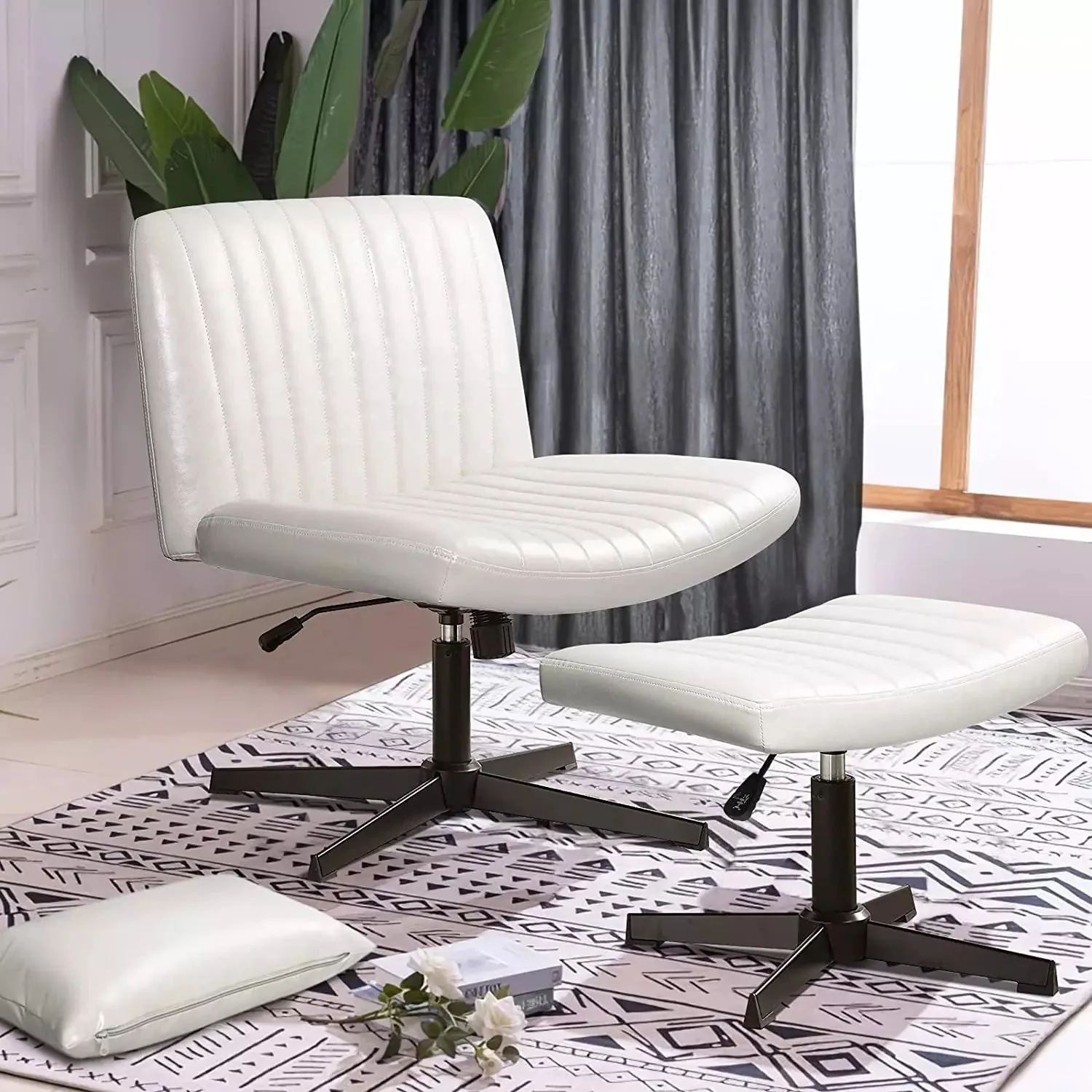 PUKAMI Armless Desk Chair No Wheels with Ottoman&Lumbar Support - Image 22