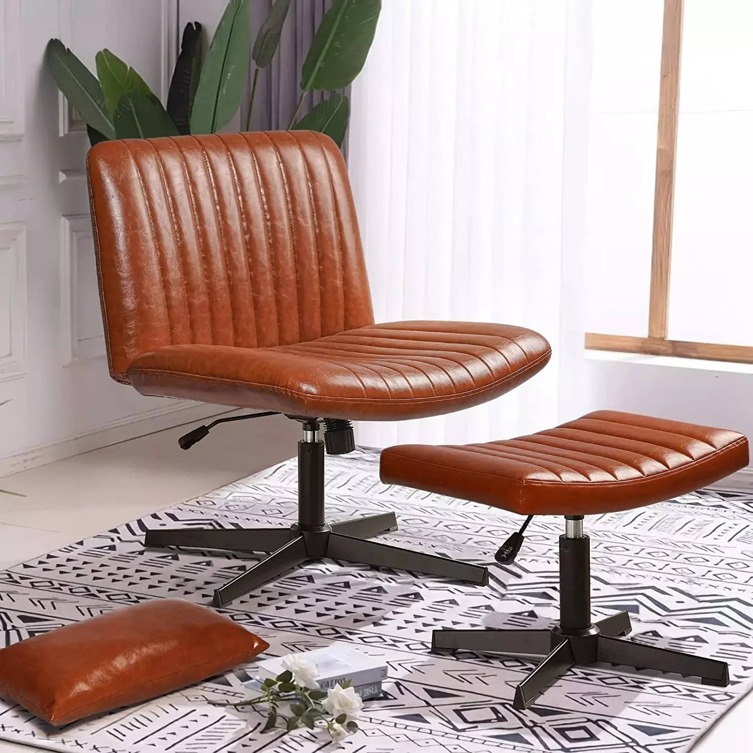 PUKAMI Armless Desk Chair No Wheels with Ottoman&Lumbar Support - Image 8