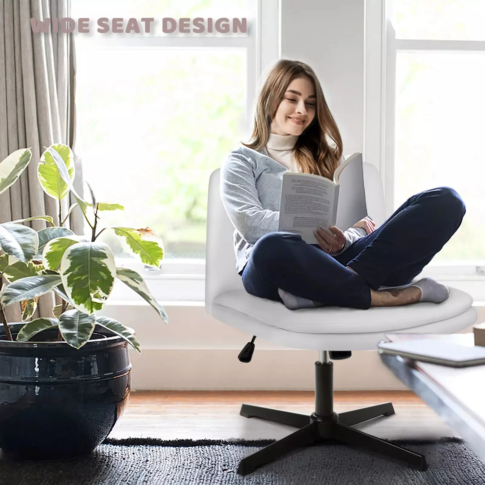 PUKAMI Armless Desk Chair No Wheels,PU Leather Criss Cross Legged for Home Office - Image 13
