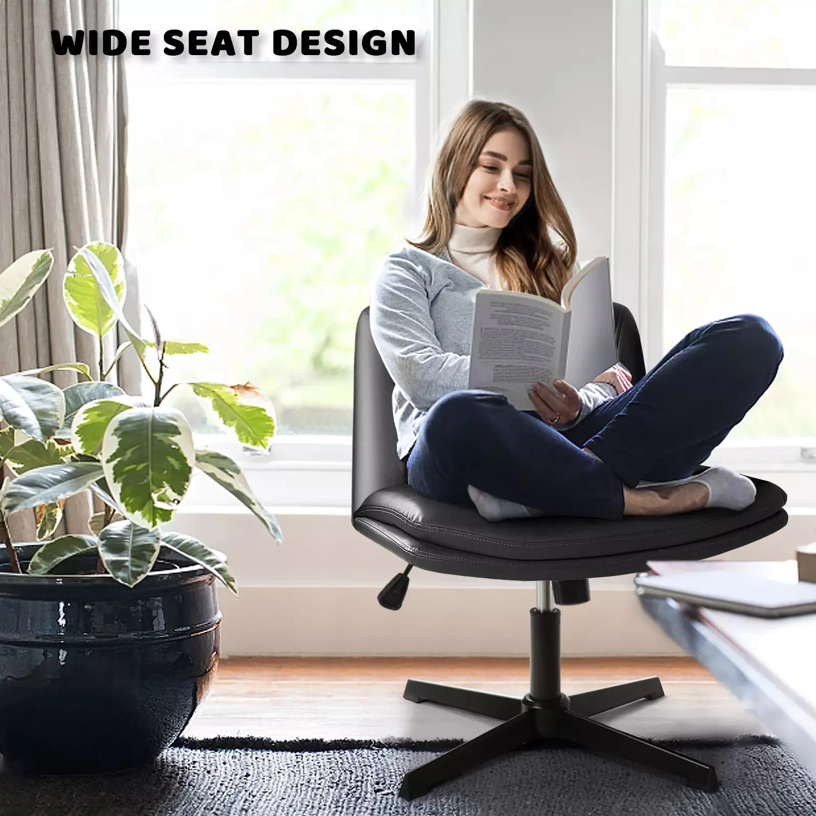 PUKAMI Armless Desk Chair No Wheels,PU Leather Criss Cross Legged for Home Office - Image 20