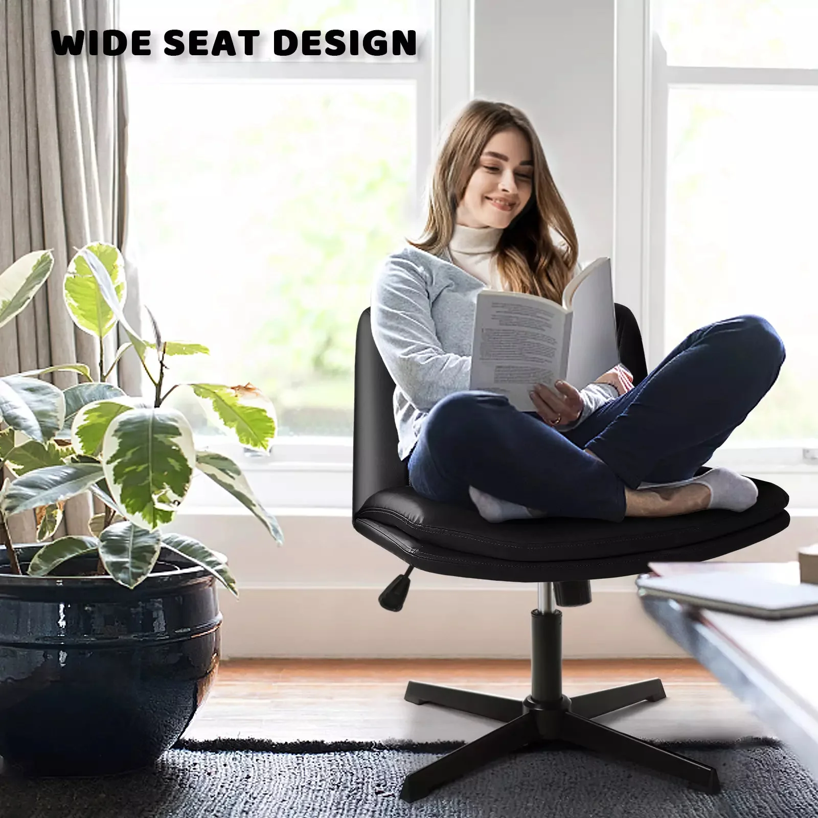 PUKAMI Armless Desk Chair No Wheels,PU Leather Criss Cross Legged for Home Office - Image 27