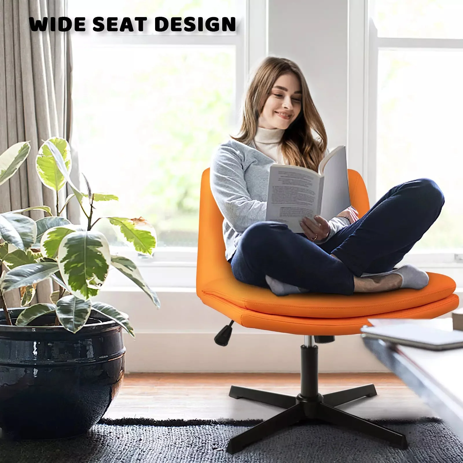 PUKAMI Armless Desk Chair No Wheels,PU Leather Criss Cross Legged for Home Office - Image 34