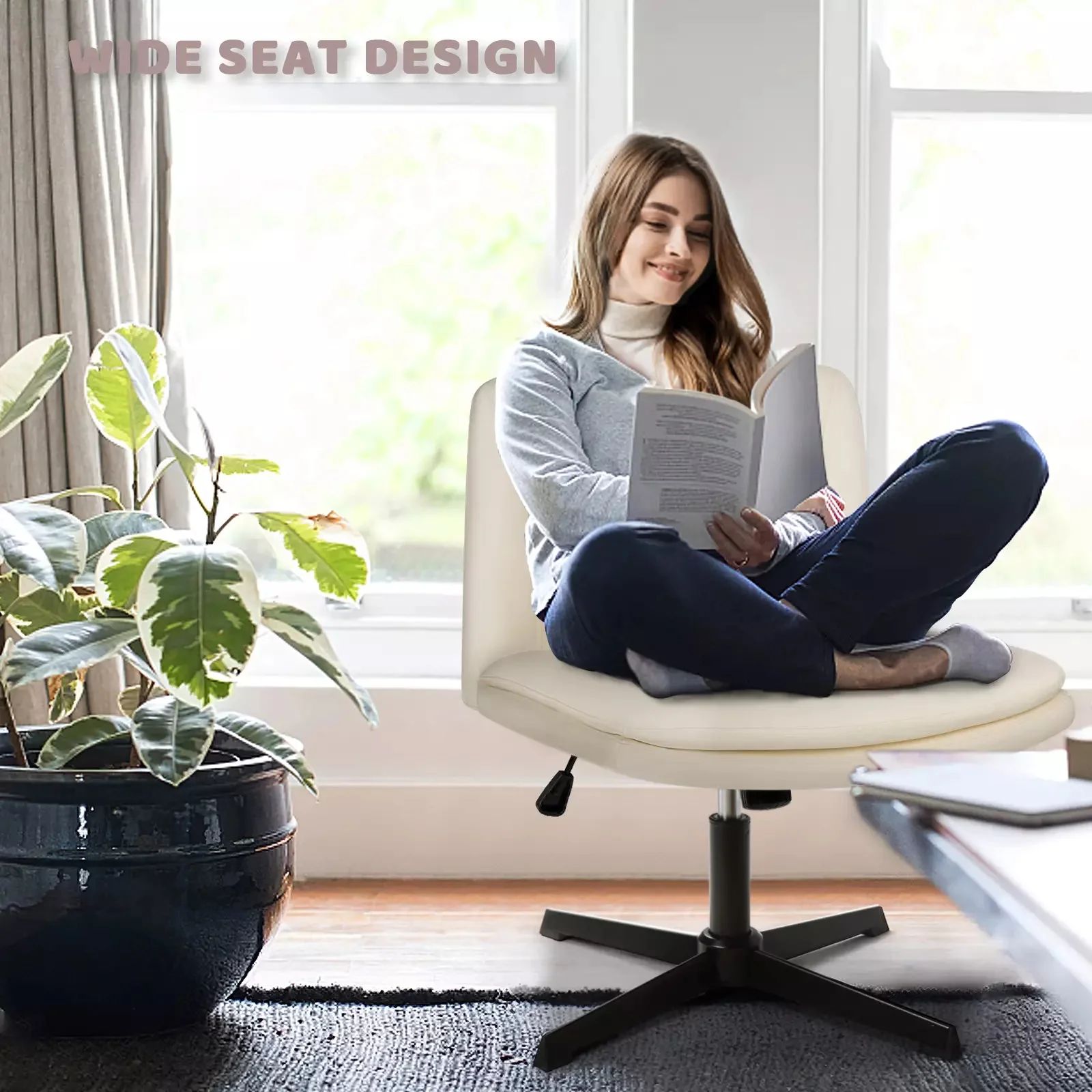 PUKAMI Armless Desk Chair No Wheels,PU Leather Criss Cross Legged for Home Office - Image 6