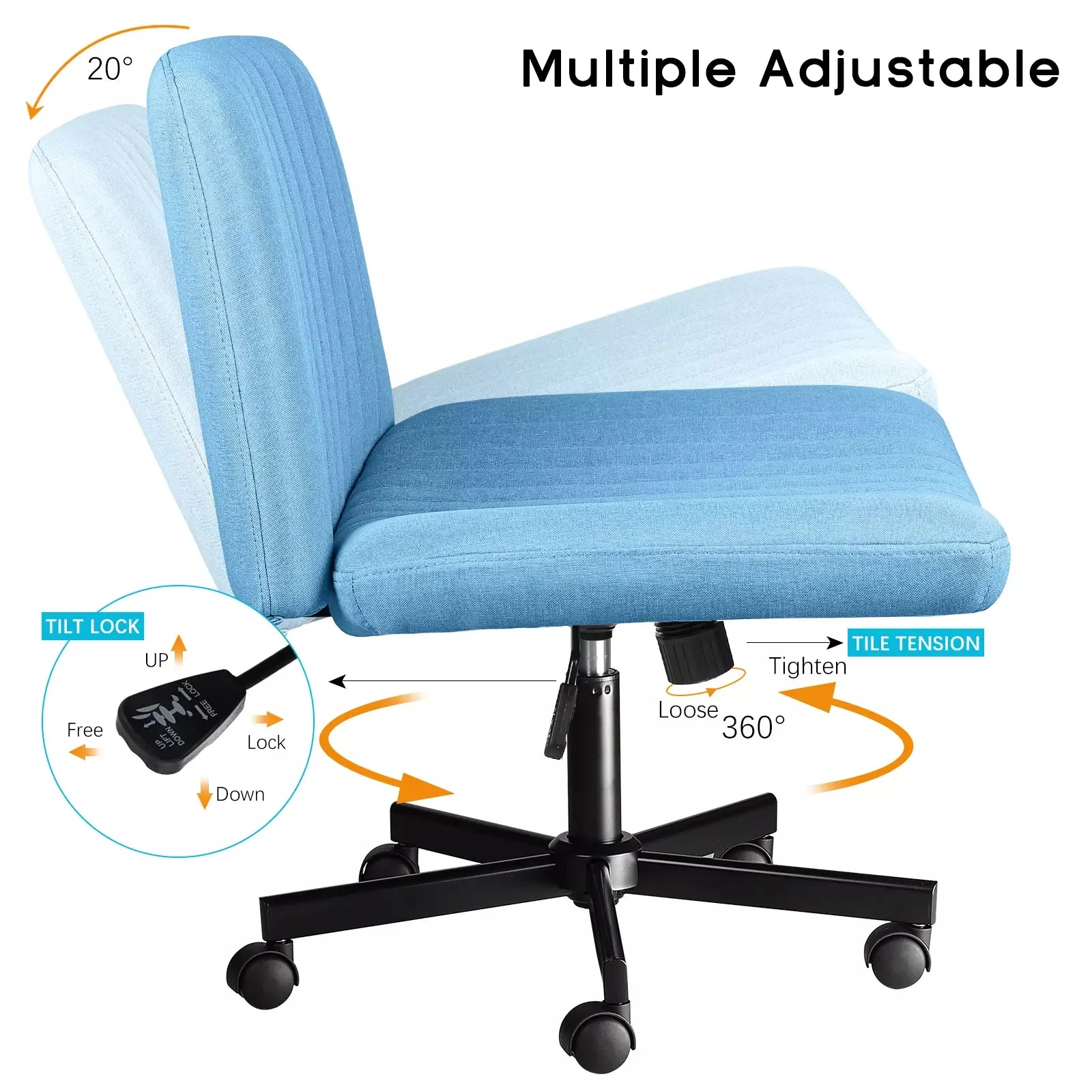 PUKAMI Armless Office Desk Chair with Wheels, Fabric Padded Cross Legged Chair - Image 48