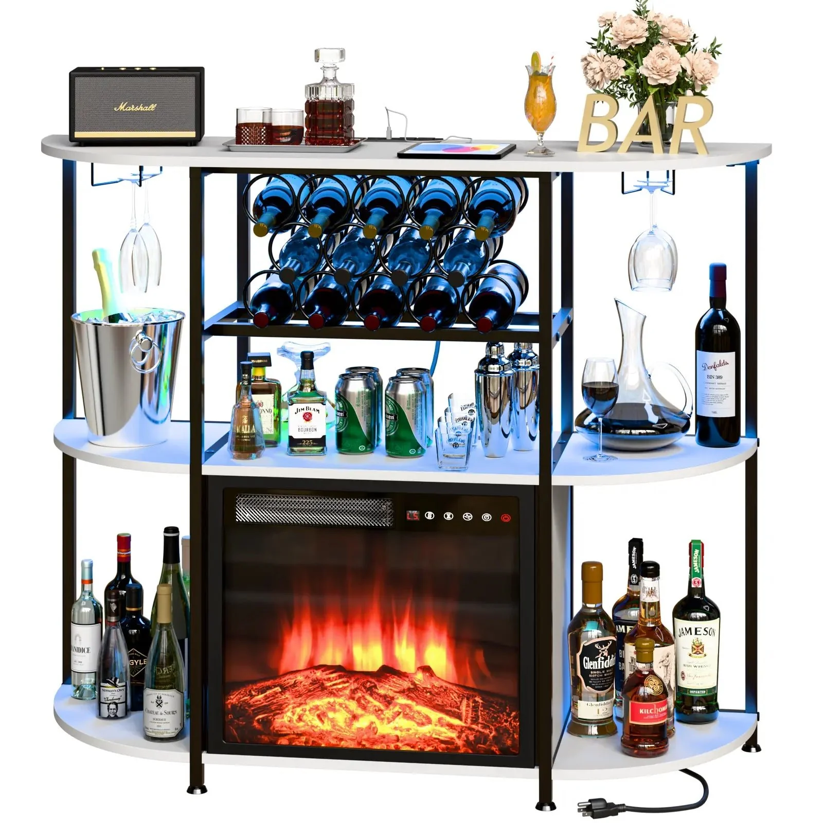 PUKAMI Bar Cabinet with Fireplace,Home Mini Bar Cabinet for Liquor with Power Outlet and LED Lights, Wine Bar Table Stand with 4-Tier Storage with Rack and Glass Holder - Image 2
