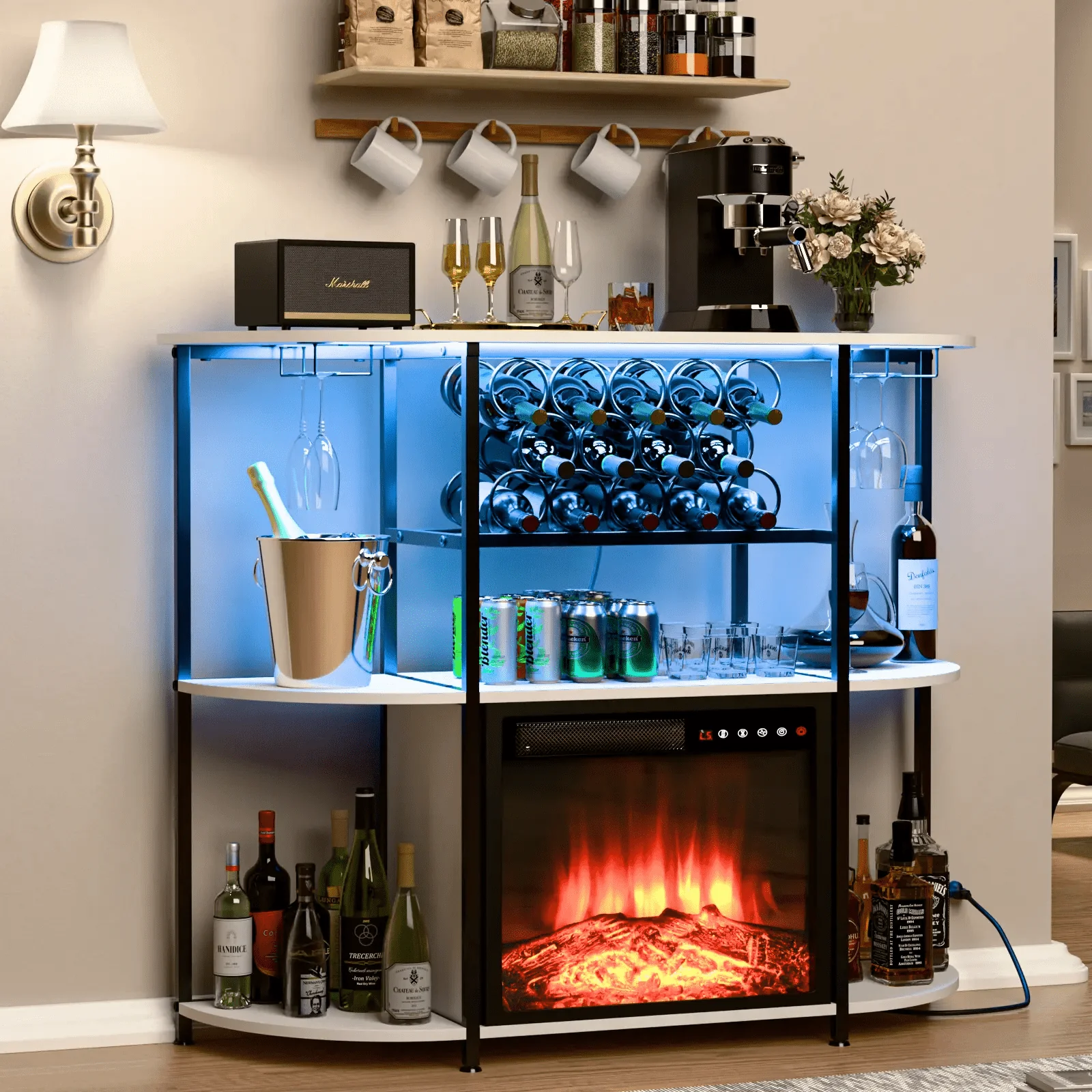 PUKAMI Bar Cabinet with Fireplace,Home Mini Bar Cabinet for Liquor with Power Outlet and LED Lights, Wine Bar Table Stand with 4-Tier Storage with Rack and Glass Holder - Image 4