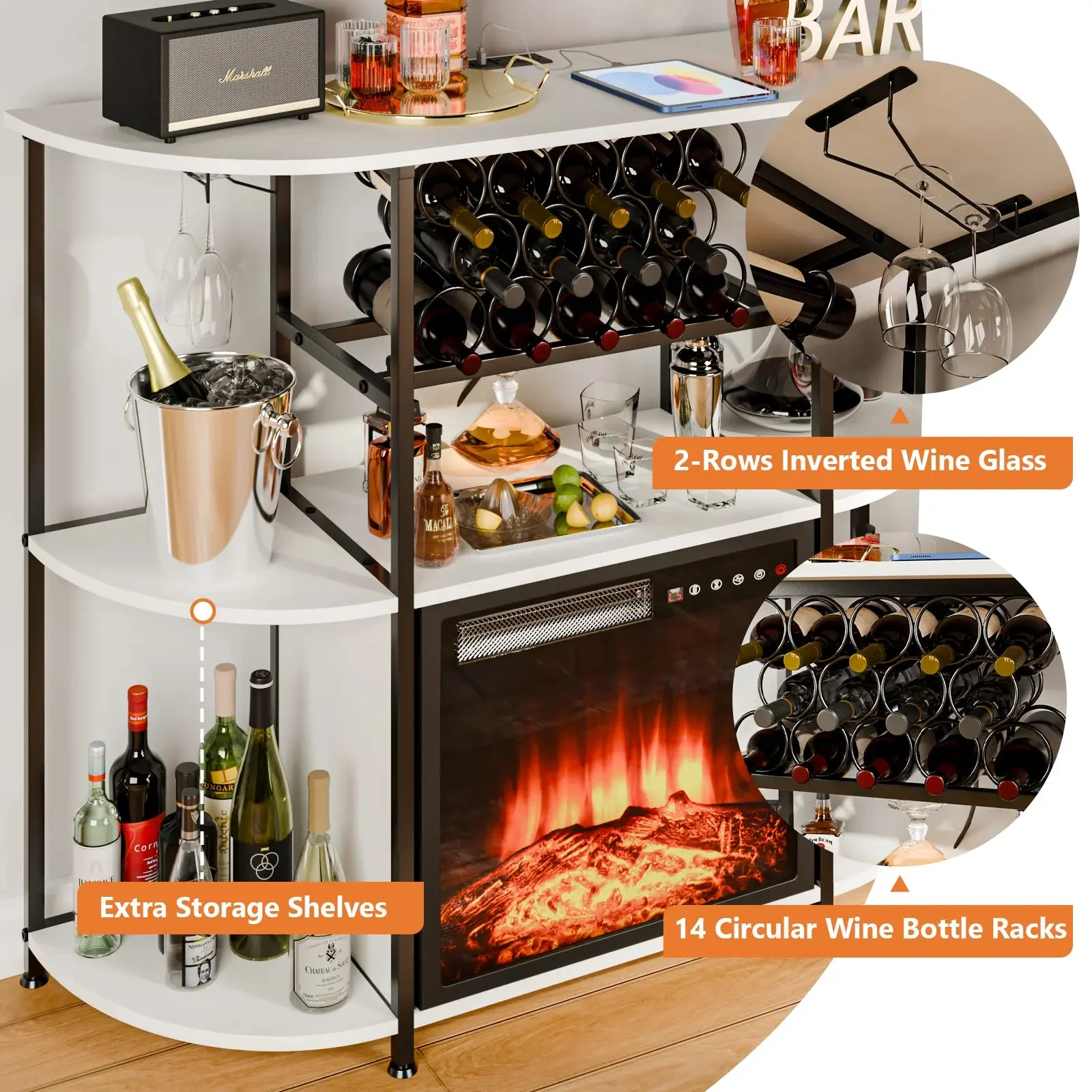 PUKAMI Bar Cabinet with Fireplace,Home Mini Bar Cabinet for Liquor with Power Outlet and LED Lights, Wine Bar Table Stand with 4-Tier Storage with Rack and Glass Holder - Image 6