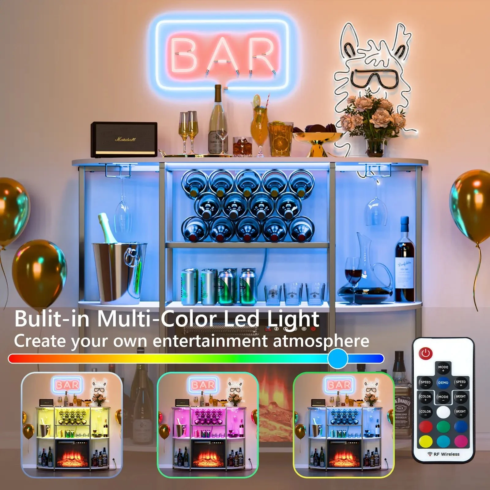 PUKAMI Bar Cabinet with Fireplace,Home Mini Bar Cabinet for Liquor with Power Outlet and LED Lights, Wine Bar Table Stand with 4-Tier Storage with Rack and Glass Holder - Image 7