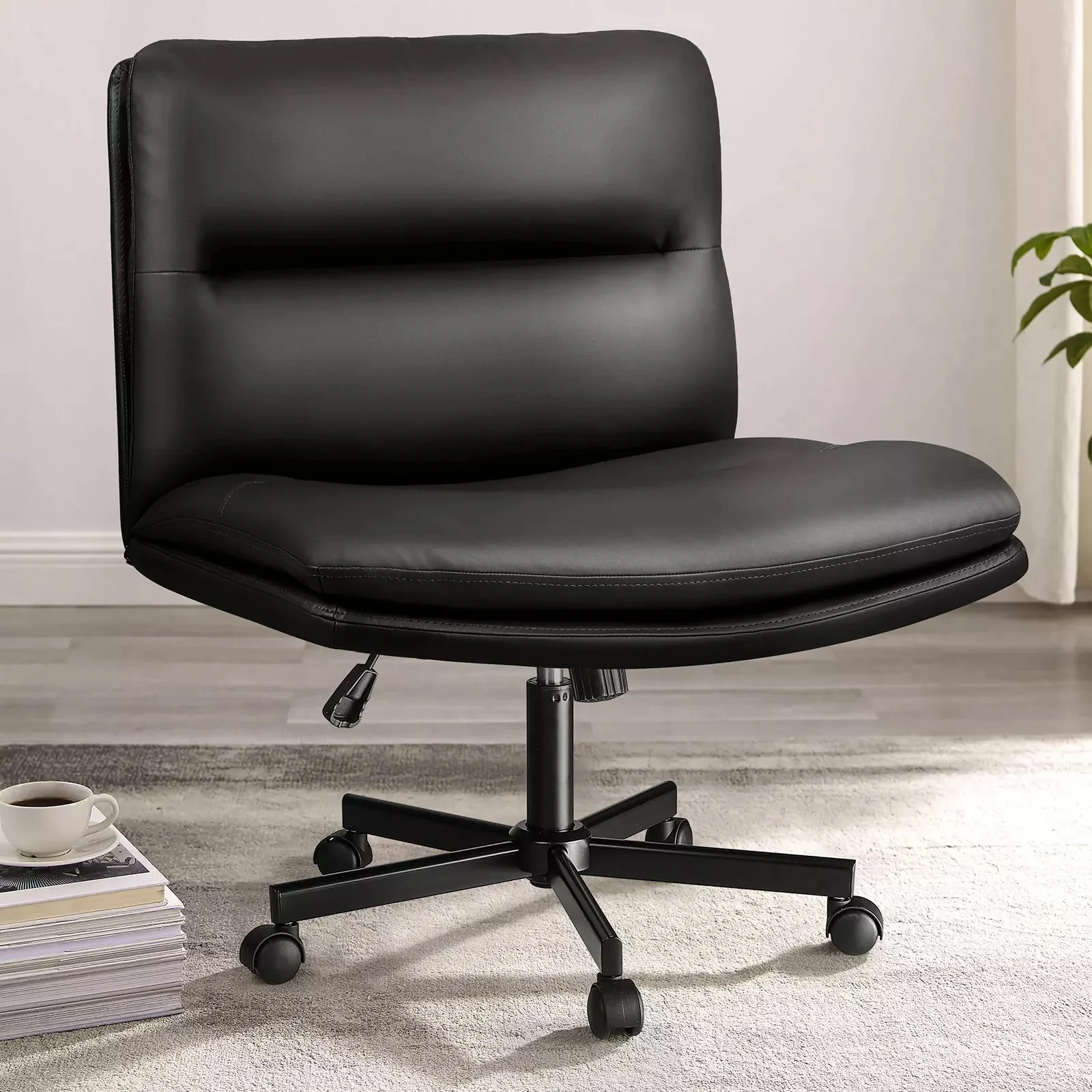 PUKAMI Criss Cross Chair with Wheels,PU Leather Armless Office Chair - Image 2