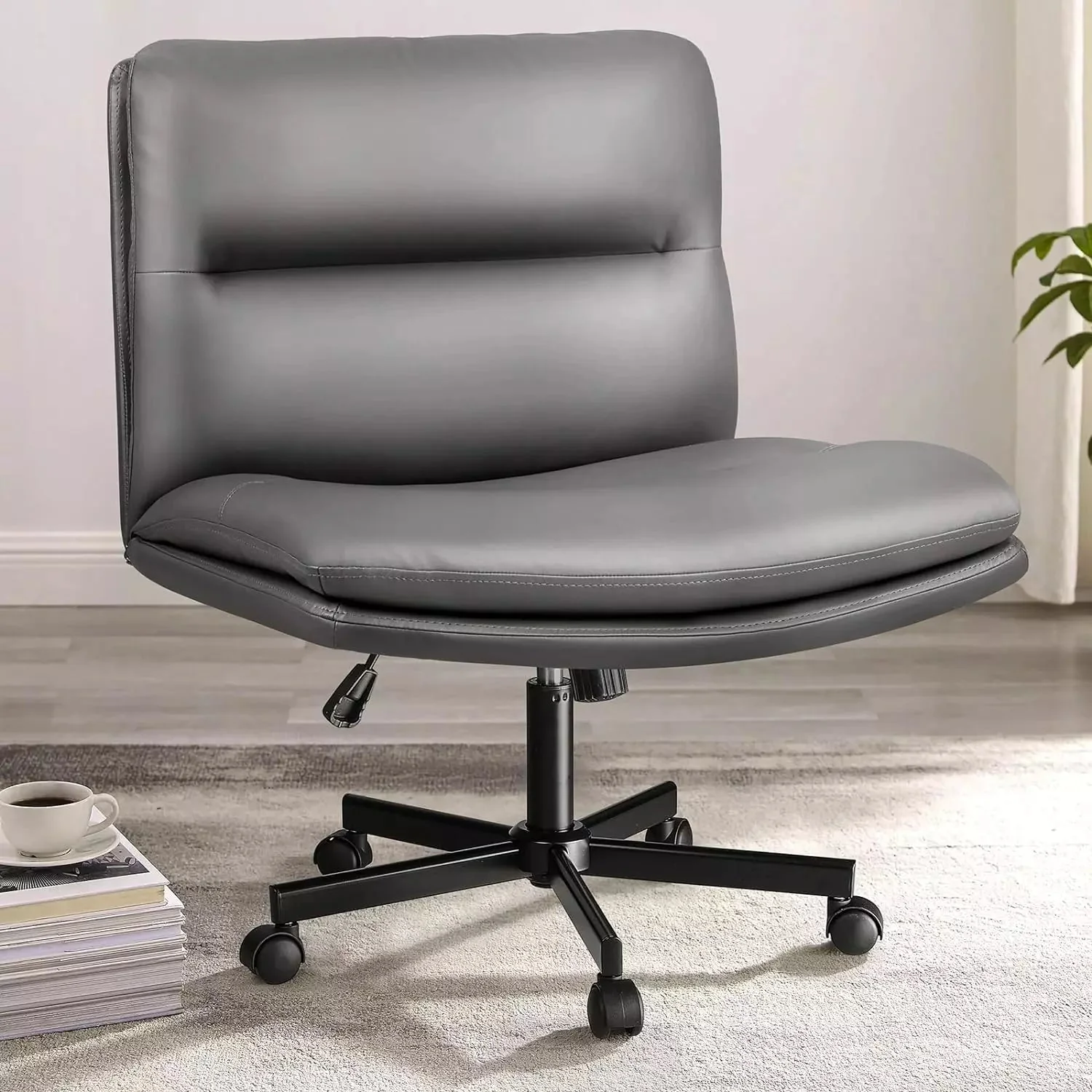 PUKAMI Criss Cross Chair with Wheels,PU Leather Armless Office Chair - Image 3