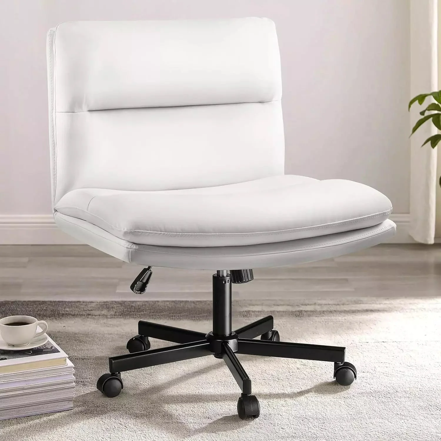 PUKAMI Criss Cross Chair with Wheels,PU Leather Armless Office Chair - Image 4