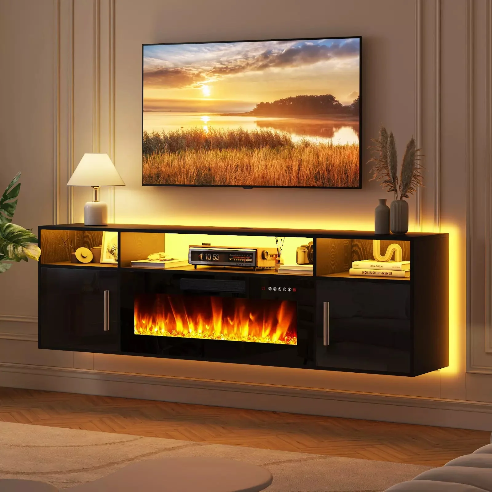 PUKAMI Floating Fireplace TV Stand 70'' Wall Mounted Shelf - Image 2