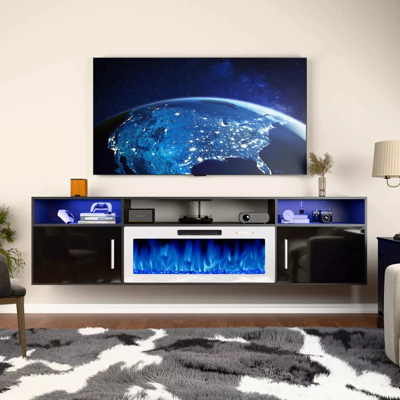 PUKAMI Floating Fireplace TV Stand 70'' Wall Mounted Shelf - Image 4