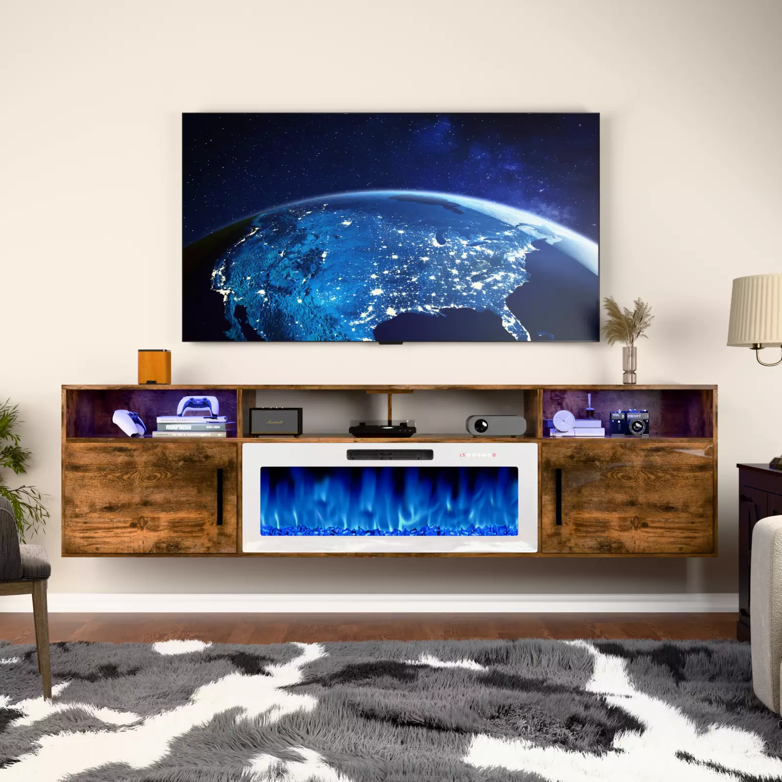PUKAMI Floating Fireplace TV Stand 70'' Wall Mounted Shelf - Image 5