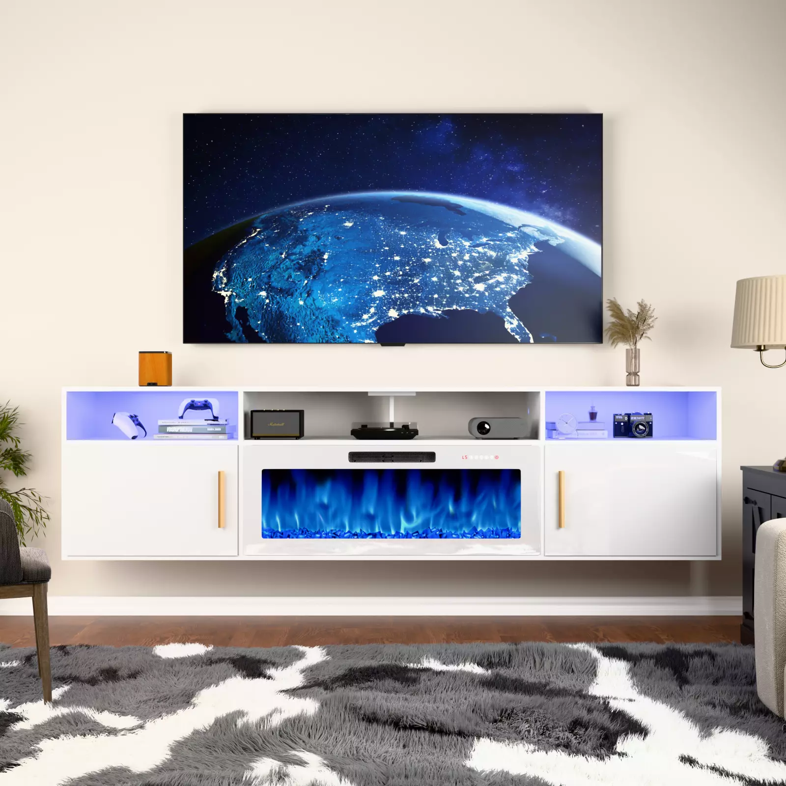 PUKAMI Floating Fireplace TV Stand 70'' Wall Mounted Shelf - Image 6