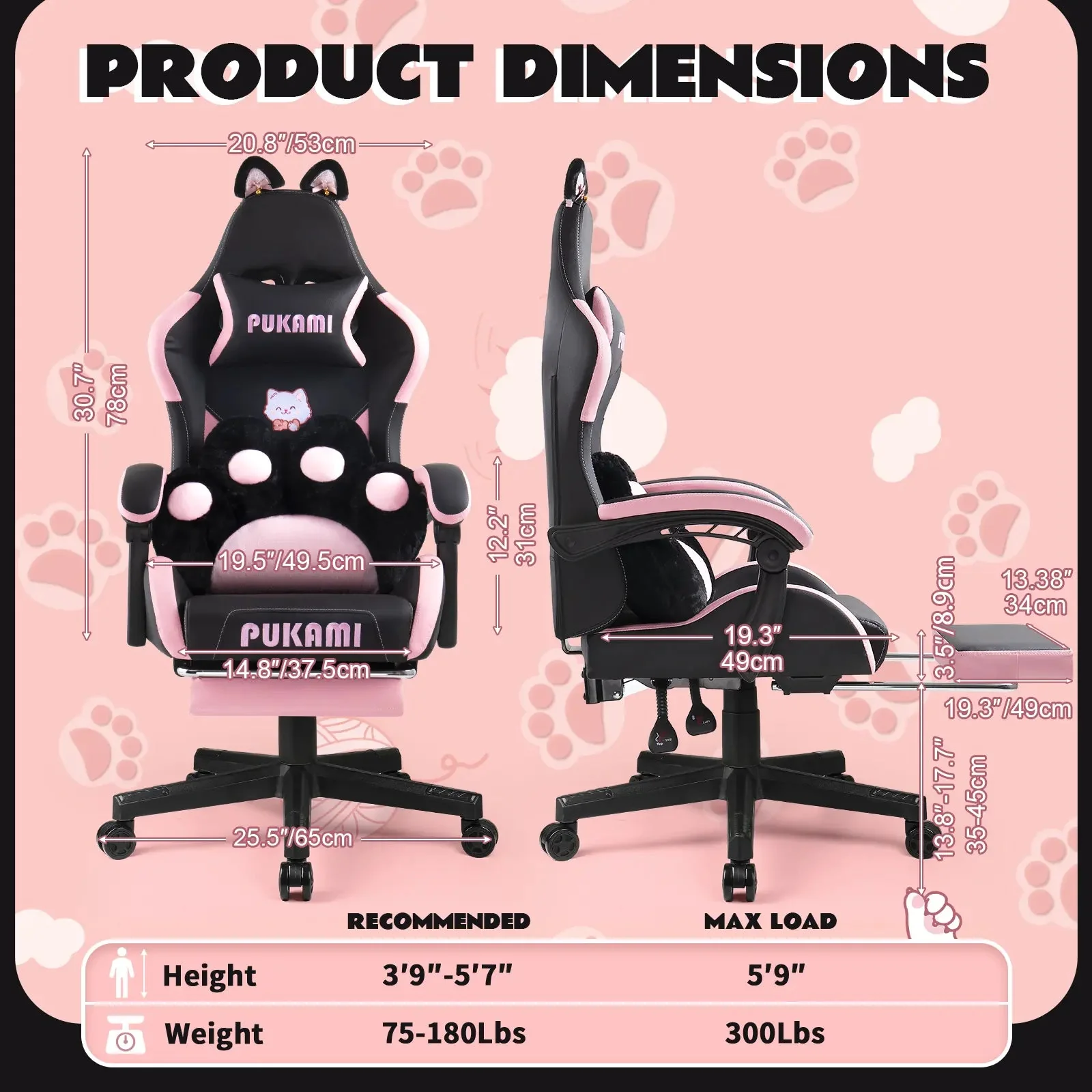PUKAMI Gaming Chair with Cat Ears and Cat Paw Cushion Pillow-A - Image 10