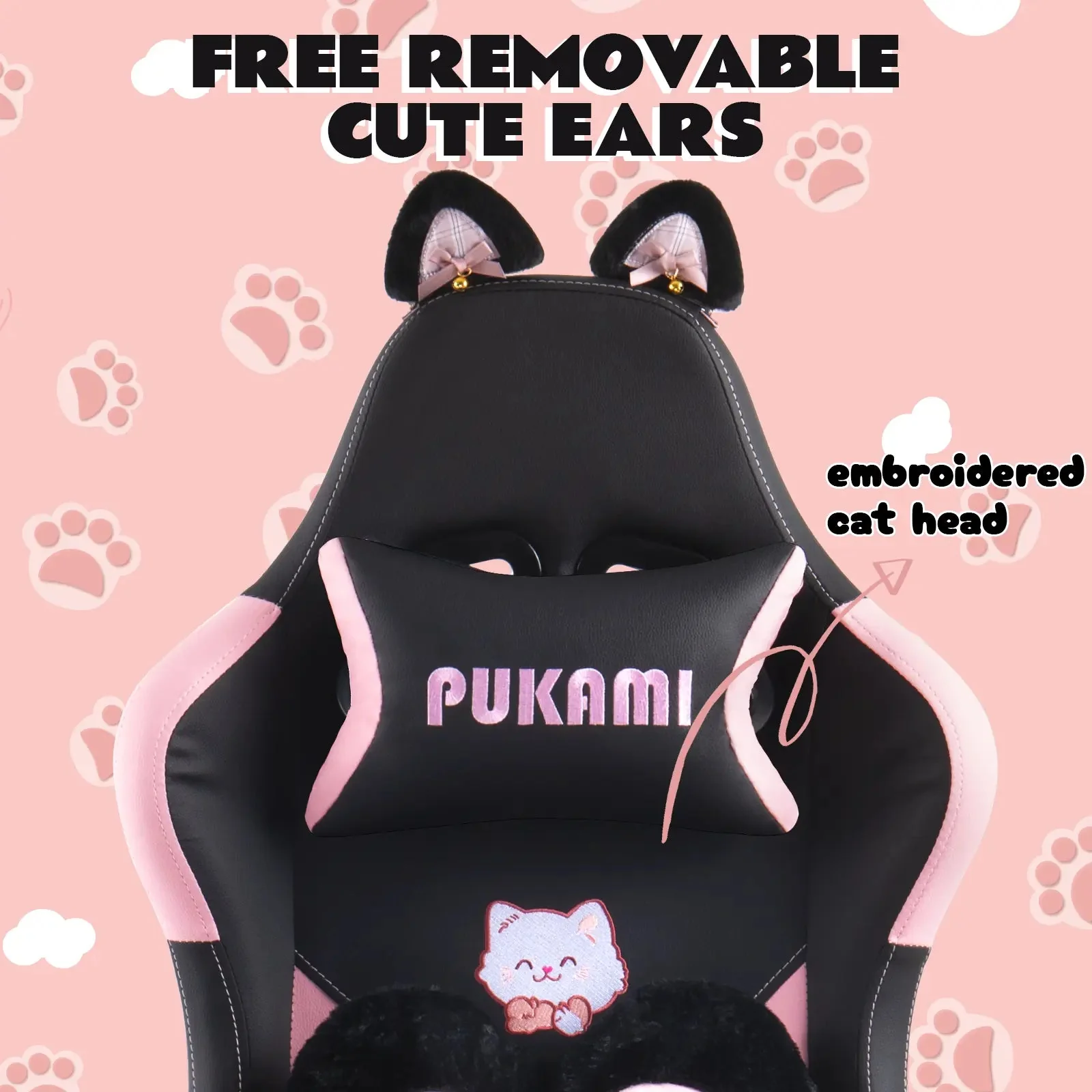 PUKAMI Gaming Chair with Cat Ears and Cat Paw Cushion Pillow-A - Image 11