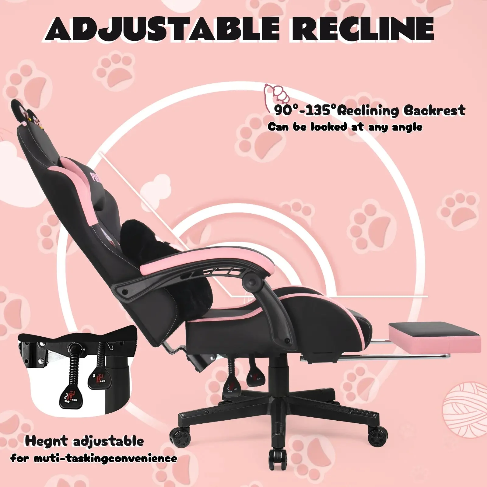 PUKAMI Gaming Chair with Cat Ears and Cat Paw Cushion Pillow-A - Image 12