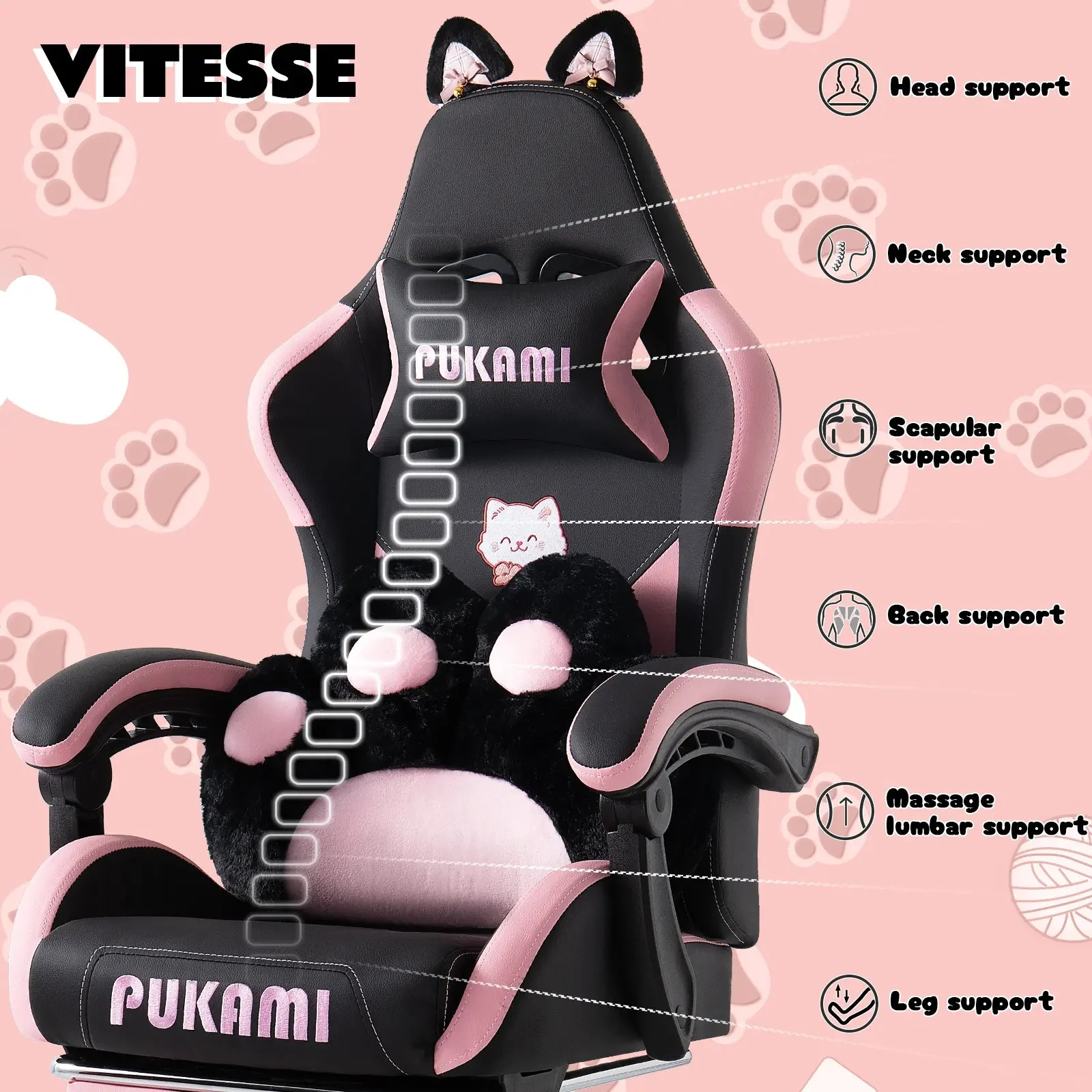 PUKAMI Gaming Chair with Cat Ears and Cat Paw Cushion Pillow-A - Image 13