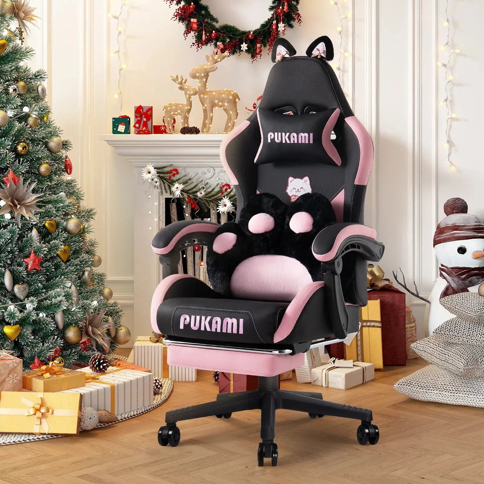 PUKAMI Gaming Chair with Cat Ears and Cat Paw Cushion Pillow-A - Image 14
