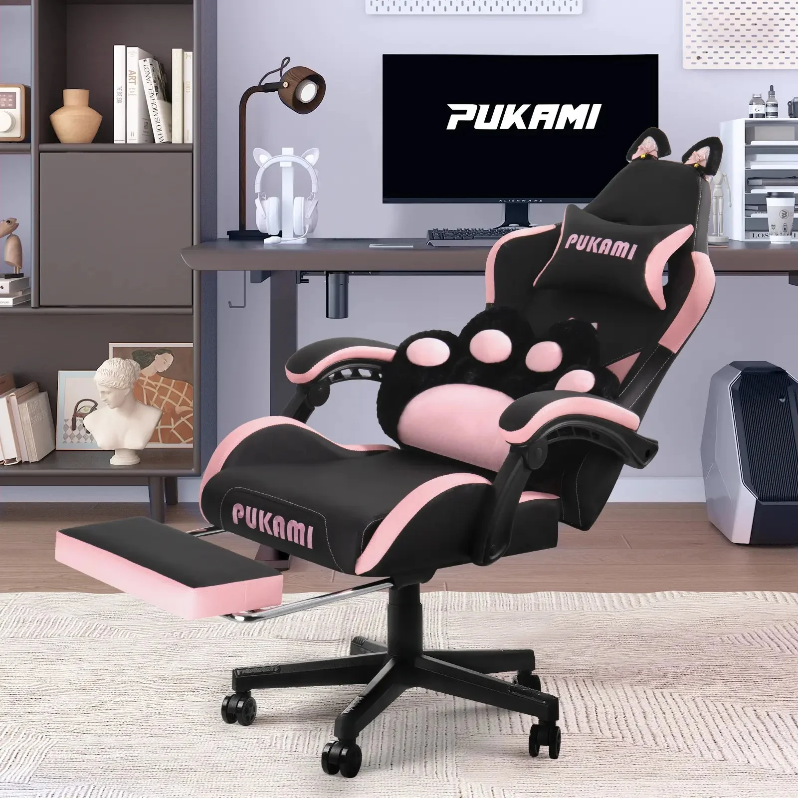 PUKAMI Gaming Chair with Cat Ears and Cat Paw Cushion Pillow-A - Image 15