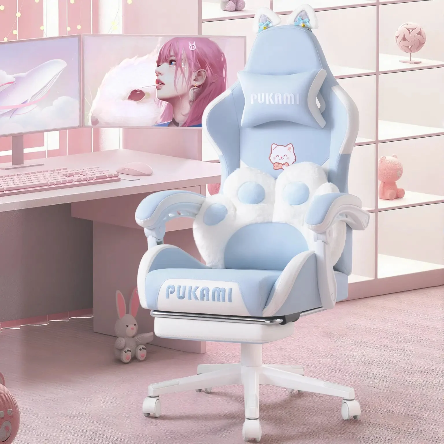 PUKAMI Gaming Chair with Cat Ears and Cat Paw Cushion Pillow-A - Image 17