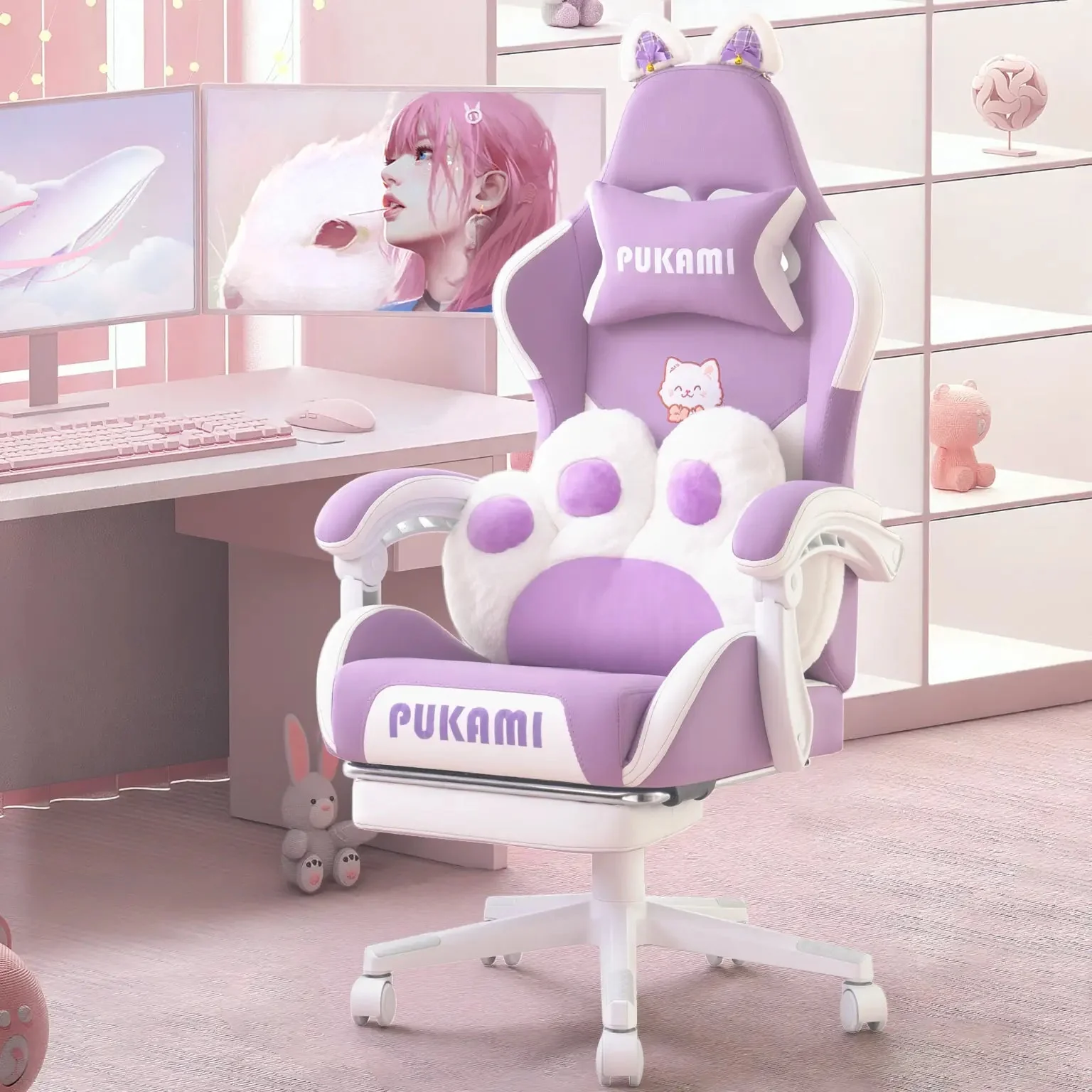 PUKAMI Gaming Chair with Cat Ears and Cat Paw Cushion Pillow-A - Image 18