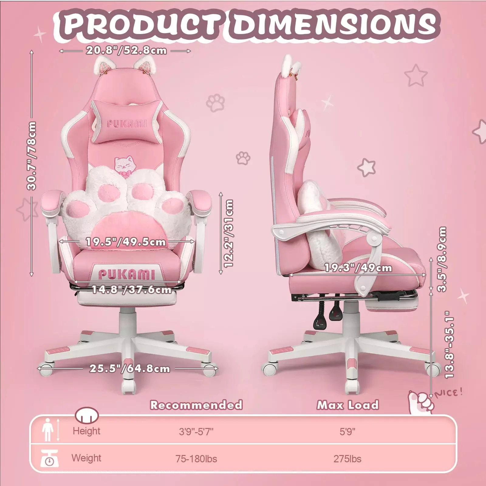 PUKAMI Gaming Chair with Cat Ears and Cat Paw Cushion Pillow-A - Image 3