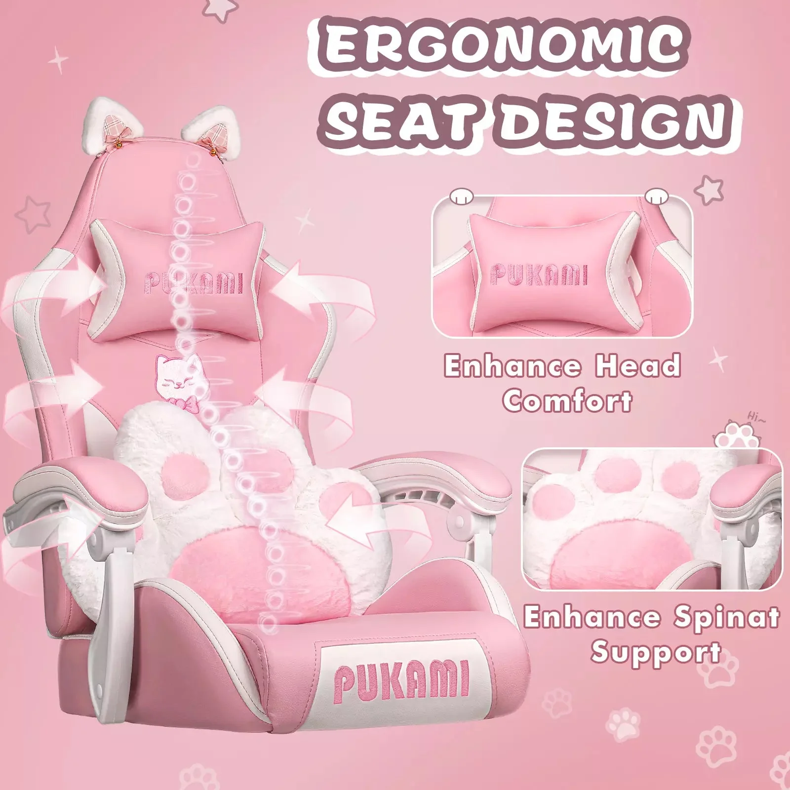 PUKAMI Gaming Chair with Cat Ears and Cat Paw Cushion Pillow-A - Image 4