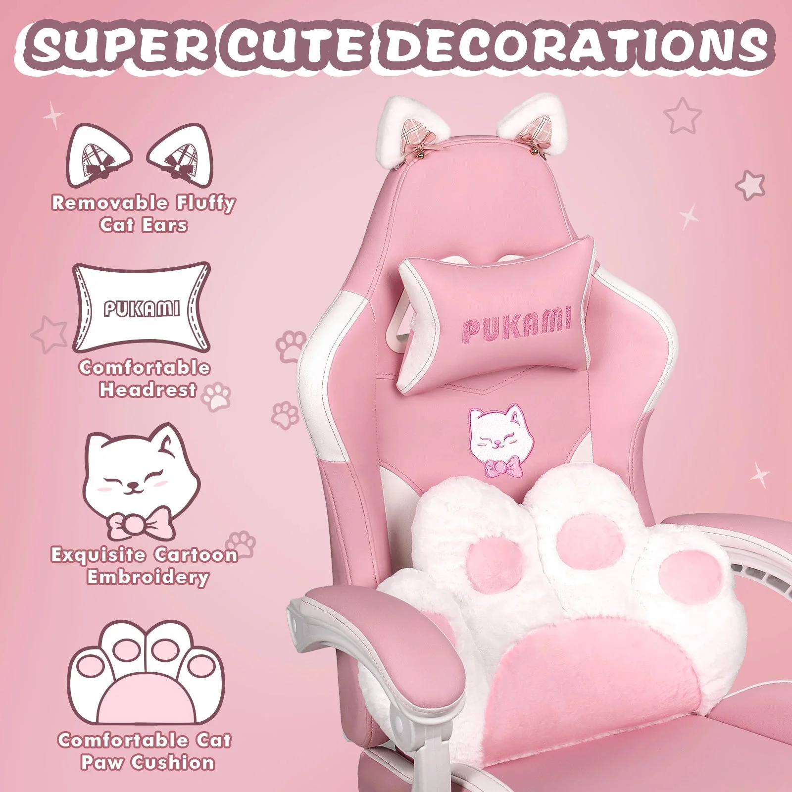 PUKAMI Gaming Chair with Cat Ears and Cat Paw Cushion Pillow-A - Image 6