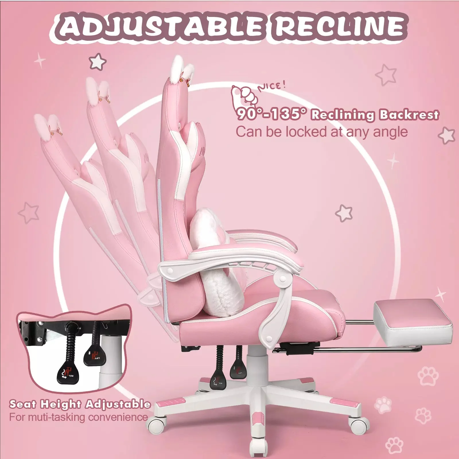 PUKAMI Gaming Chair with Cat Ears and Cat Paw Cushion Pillow-A - Image 7